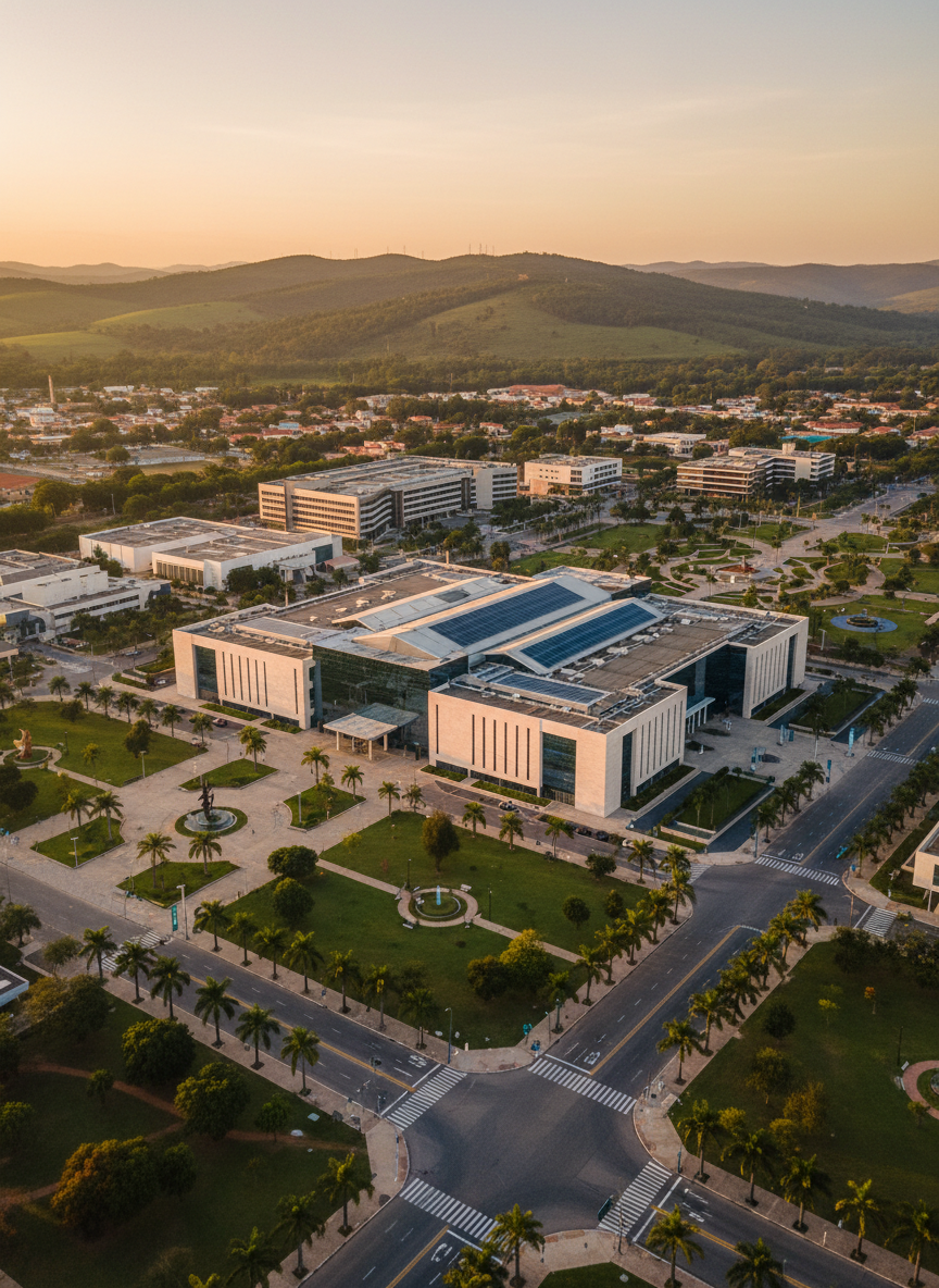 A high-resolution aerial photographic view of Arapiraca’s modern city center, highlighting a large convention complex with sleek glass façades and light-colored stone, surrounded by neatly organized streets, green plazas, and distant low hills. The scene is bathed in warm late-afternoon sunlight, casting long, gentle shadows that emphasize the urban layout. The atmosphere feels professional and welcoming, suggesting efficient infrastructure for business tourism and events. Captured from a bird’s-eye perspective with sharp focus throughout, the composition uses clean lines and balanced geometry, creating a sense of organization and potential. The photographic realism and vibrant yet natural colors convey a dynamic, well-structured destination ideal for conventions and visitors.