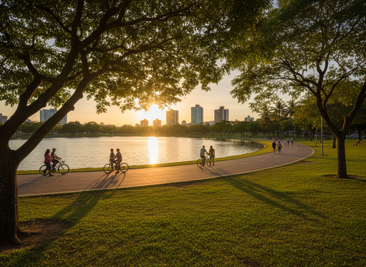 A serene photographic scene of one of Arapiraca’s signature parks at golden hour, with a smooth walking path curving around a reflective lake bordered by meticulously maintained lawns and clusters of native trees. In the distance, a modest skyline of contemporary buildings hints at the city’s urban core. The golden sunlight filters through the foliage, casting elongated, soft shadows and creating glints of light on the water’s surface. The mood is tranquil yet vibrant, highlighting quality of life and leisure tourism. Shot from a low angle near the path, with the curve leading the viewer’s eye into the scene, the composition uses a balanced, natural aesthetic and sharp focus throughout, emphasizing the destination’s green, welcoming character for visitors and event attendees.