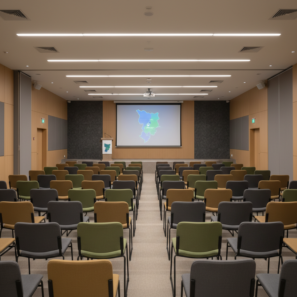 A modern photographic interior of a medium-sized convention room in Arapiraca, designed for corporate events and regional conferences. The space features neutral-toned walls, a high ceiling with recessed LED lighting, and a versatile stage area framed by dark acoustic panels and a large projection screen displaying an abstract map of Alagoas with Arapiraca highlighted. Rows of sleek, empty chairs in muted colors are arranged precisely, creating rhythmic lines that recede into the background. Soft, even artificial lighting ensures no harsh shadows, contributing to a focused, professional atmosphere. Captured from the back of the room at eye level, with sharp focus and symmetrical composition, the image communicates readiness, flexibility, and high standards for hosting business tourism and institutional events in the city.