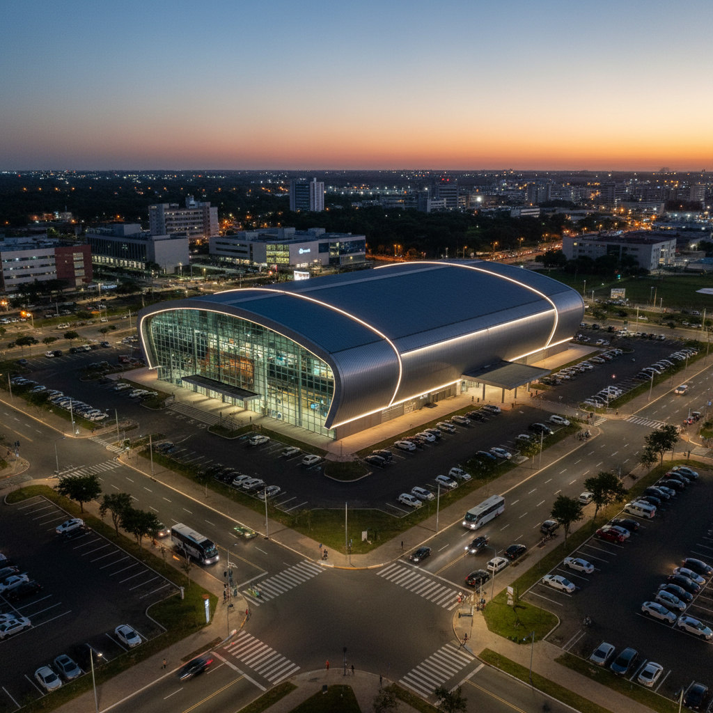 A twilight photographic panorama of Arapiraca’s primary events district, where a prominent multi-purpose pavilion stands out with its curved metallic roof and expansive glass frontage reflecting the deep blue evening sky. Strategically placed architectural lighting outlines the building’s contours in warm white tones, while surrounding streets and parking areas appear orderly and well-lit. Subtle lens flare adds realism to the lampposts. The atmosphere is energetic yet controlled, suggesting ongoing or upcoming events and a thriving tourism infrastructure. Shot from a slightly elevated vantage point with wide-angle framing, the composition captures both the pavilion and its urban context in sharp detail, emphasizing accessibility, safety, and modernity as key attributes of the destination for conventions and visitors.