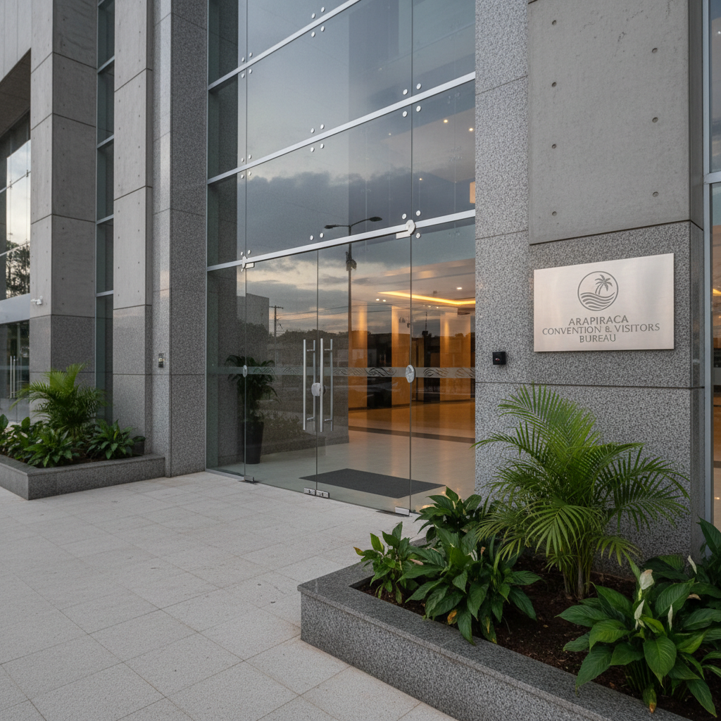 A detailed photographic close-up of an elegant conference hall entrance in Arapiraca, featuring tall glass doors framed by polished granite columns in soft gray tones, with the discreet logo of a convention & visitors bureau displayed on a brushed metal plaque. The entrance is set within a modern façade, accented by small tropical plants in minimalist planters and a smooth stone walkway leading up to it. Soft, diffused early evening light illuminates the surfaces, creating subtle reflections and a professional, inviting mood. Shot at eye level with a slight angle, the composition follows the rule of thirds, keeping the signage in crisp focus while the corridor beyond gently blurs, suggesting a well-organized interior ready for events and tourism promotion.