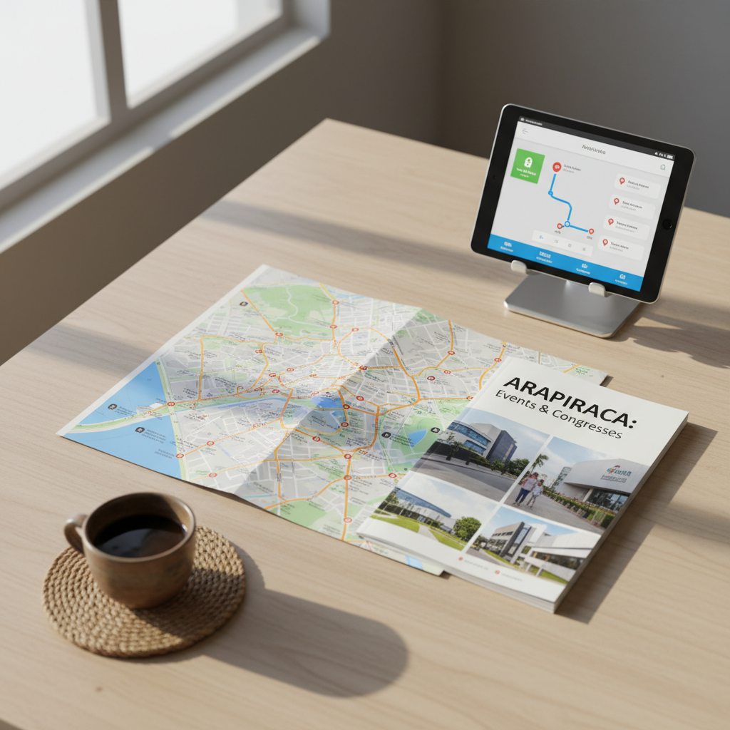 A carefully styled photographic still life of Arapiraca tourism promotional materials laid out on a clean, light-wood table: a large folded city map highlighting main attractions, a glossy brochure about local events and congresses, and a tablet displaying an interactive city guide with a marked route to major venues. A small ceramic cup of dark Brazilian coffee rests on a coaster beside them, adding regional character. Soft, natural morning light from a nearby window creates gentle shadows and subtle reflections on the glossy paper. Captured from a slightly elevated, almost top-down angle, the composition is orderly and uses a minimalist, professional aesthetic with a shallow depth of field, drawing attention to the printed and digital materials, symbolizing organized support for tourists and event planners.