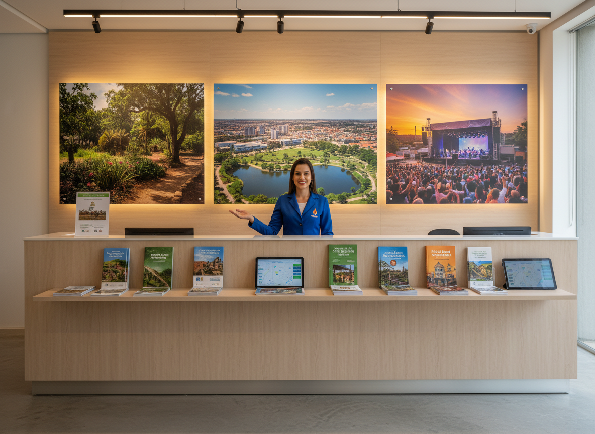 An impeccably organized information desk dedicated to tourism in Arapiraca, featuring a long wooden counter with a smooth matte finish and neatly arranged stacks of colorful brochures showcasing local attractions, parks, and event venues. Behind the counter, large wall-mounted photographic panels display panoramic views of the city and its green surroundings, rendered in rich, realistic detail. The space is illuminated by soft, warm overhead lighting combined with natural daylight from an unseen window, creating minimal shadows and a calm, professional atmosphere. Captured from a slightly elevated angle with moderate depth of field, the image emphasizes clarity and order. The overall composition is clean and modern, conveying trustworthiness and efficiency for visitors seeking guidance and convention services.